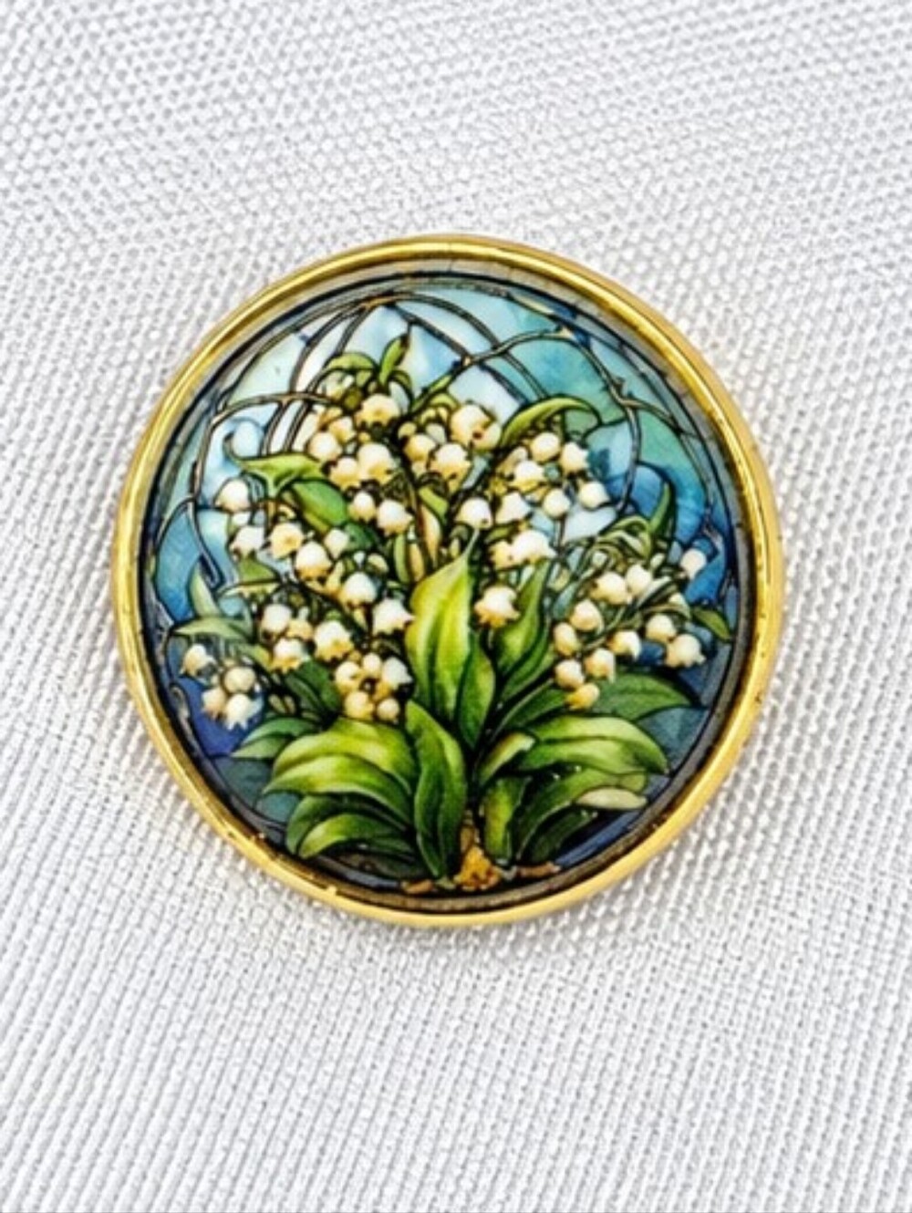💎 Lily of the Valley Floral Brooch Pin Gold Tone Blue Green Botanical Round - Picture 2 of 4